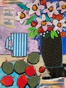 DUCOTE, Morning Coffee with Figs, 16x12x1.5,  mixed media collage on wood panel SOLD