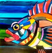 DUCOTE: Rockfish, collage on paper mounted on cradled wood panel SOLD