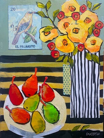 DUCOTE, Still Life with 7 Pears, acrylic and collage on wood panel, 16 x 12 SOLD