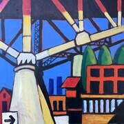 DUCOTE; Under the Bridge at Granville Island; acrylic on canvas, framed; 16x16" SOLD