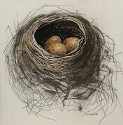 TAYLOR, a nest for a very stormy time, ink, w/c on paper, framed 10" x 10" SOLD