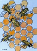 TAYLOR; Bees at Work, ink and w/c on paper mounted on wooden cradle, finished with resin, 4x3" SOLD