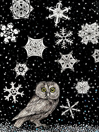 TAYLOR, Saw-whet Owl in the Snow, ink and acrylic on paper mounted on wooden cradle, 8 x 6  SOLD