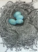 TAYLOR; Small Nest #6: It Took a Month But They Co-operated and Got It Done; ink drawing on paper with w/c, 4"x3" SOLD