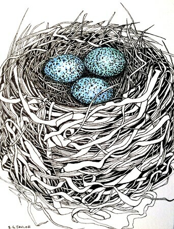 TAYLOR; Small Nest #7:It Was her First Nest; ink drawing on paper, mounted on cradle, finished with resin, 4"x3" SOLD