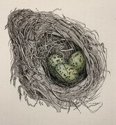 TAYLOR; Small Nest I, ink and watercolour, 4.5 x 4.5, framed 10 x 10, available at Art Gallery of Greater Victoria Small Work Exhibit November 2023